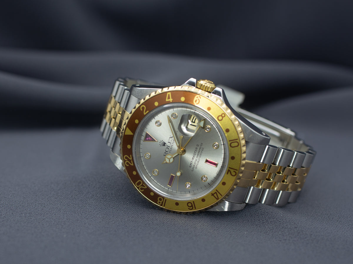 Rolex GMT-Master II in Yellow Gold & Steel with Serti Diamond Dial