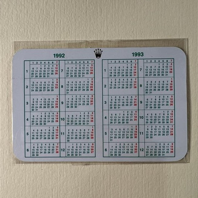 Original Rolex Calendar card for 1992 - 1993.