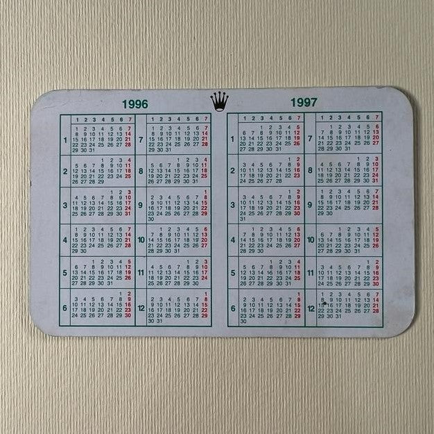 Original Rolex Calendar card for 1996 - 1997.
