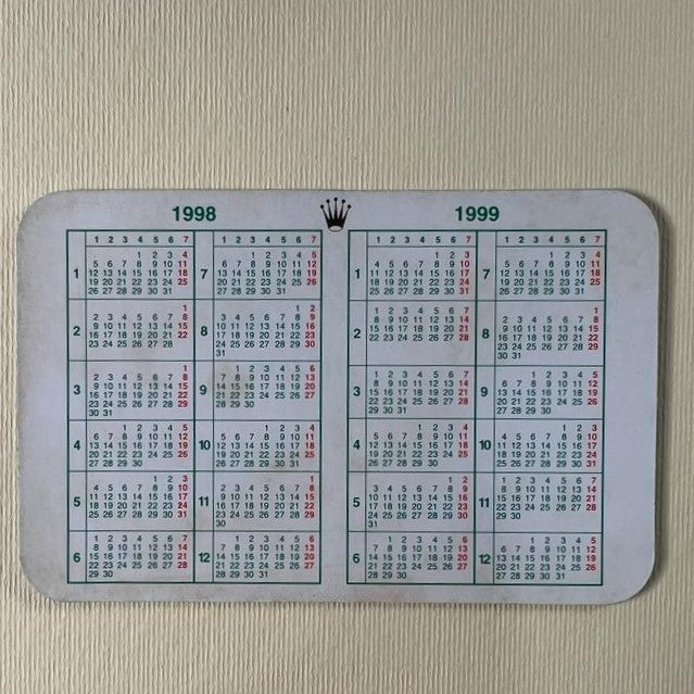 Original Rolex Calendar card for 1998 - 1999
