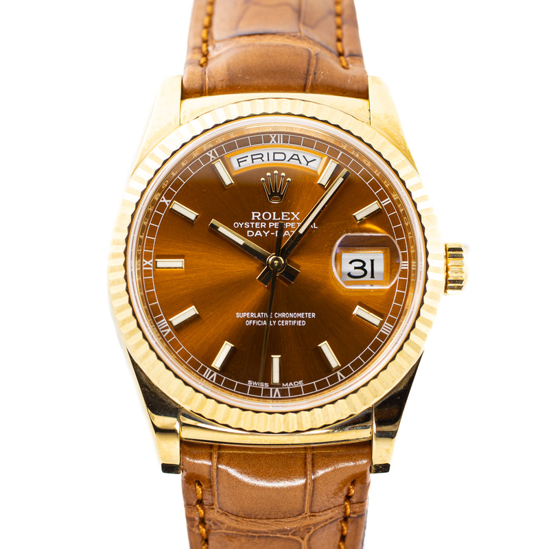 Rolex Day-Date 36 Cognac Dial in Yellow Gold