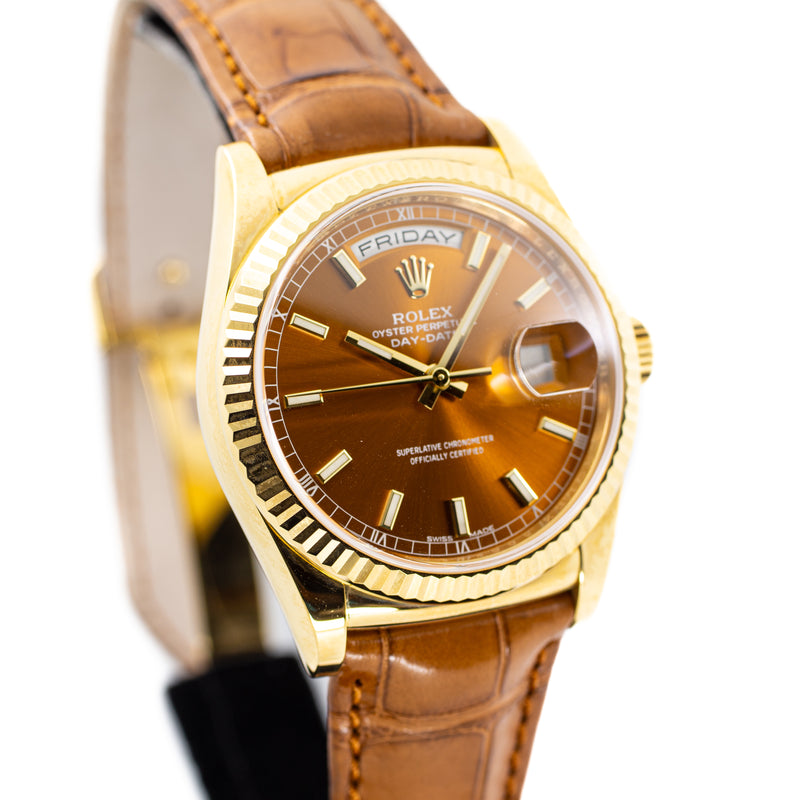 Rolex Day-Date 36 Cognac Dial in Yellow Gold